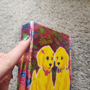 Puede incluir: Una caja rectangular con una superficie brillante, rosa y roja. La caja presenta dos cachorros de dibujos animados amarillos con ojos azules, que llevan collares florales. Tambi&eacute;n es visible el texto "Puppy Love" y corazones.