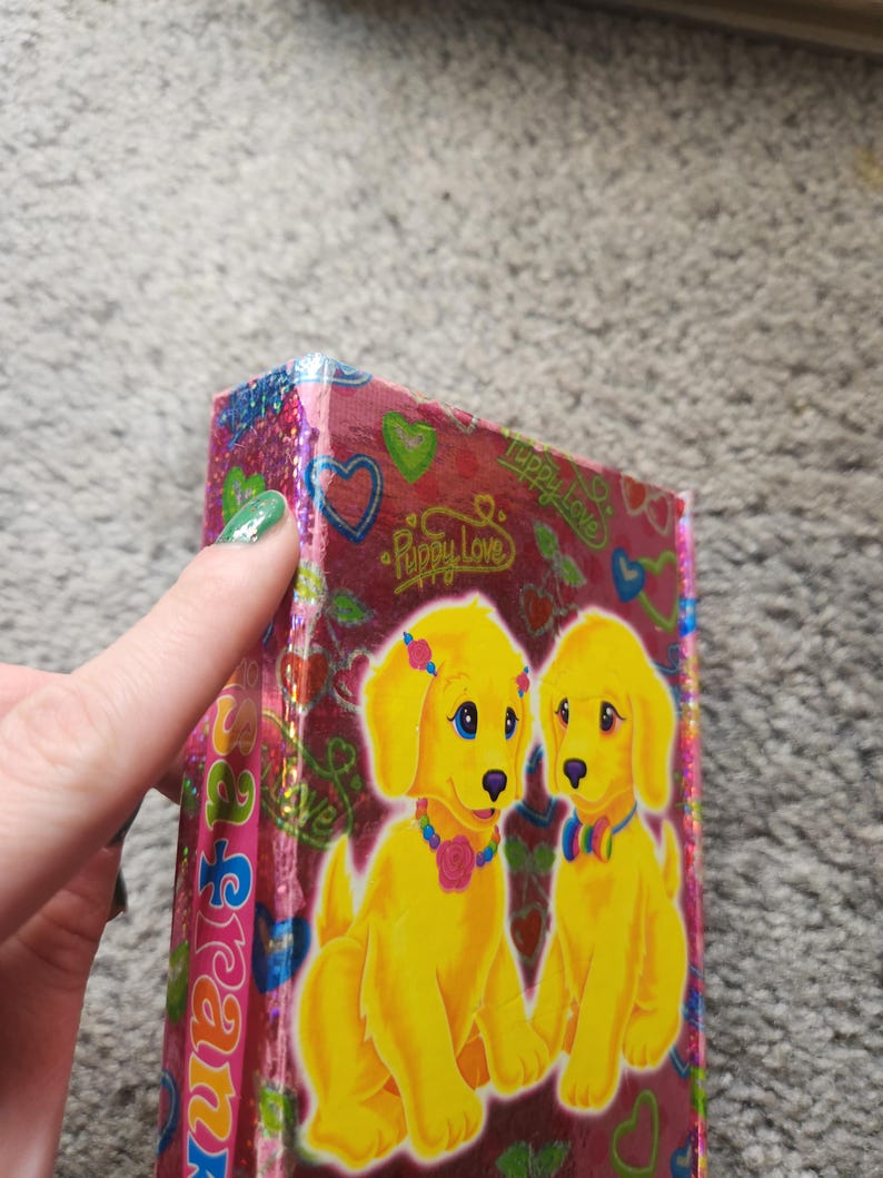 Puede incluir: Una caja rectangular con una superficie brillante, rosa y roja. La caja presenta dos cachorros de dibujos animados amarillos con ojos azules, que llevan collares florales. Tambi&eacute;n es visible el texto "Puppy Love" y corazones.