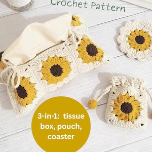May include: A crochet set featuring a tissue box, pouch, and coaster, all adorned with sunflower designs. The items are cream-colored with yellow and brown accents. The text "Crochet Pattern" and "3-in-1: tissue box, pouch, coaster" are visible.
