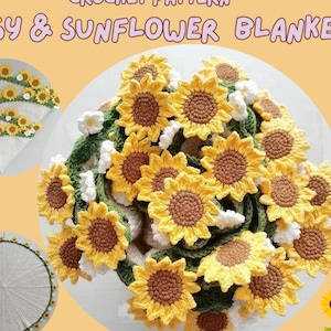 Puede incluir: Un patrón de ganchillo para una manta de margaritas y girasoles. La imagen muestra una manta terminada con girasoles amarillos y margaritas blancas. El texto "CROCHET PATTERN" y "DAISY & SUNFLOWER BLANKET" se muestra.