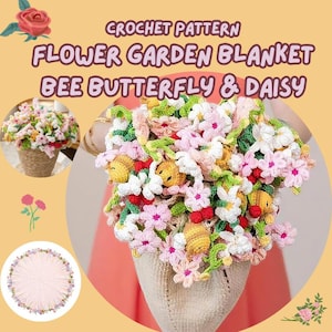 Op de afbeelding: Een haakpatroon voor een Flower Garden-deken met bijen-, vlinder- en madeliefmotieven. De afbeelding toont een close-up van een gehaakt bloemstuk met roze, witte en gele bloemen, en kleine details van bijen en vlinders.