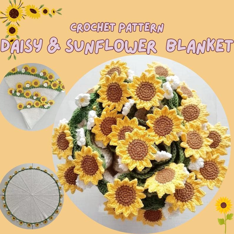 ひまわりとデイジーの花のブランケットかぎ針編みのパターン、ショール