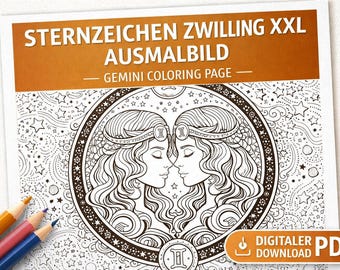 Disegno da colorare XXL del segno zodiacale dei Gemelli | Arte astrologica | Download stampabile per adulti