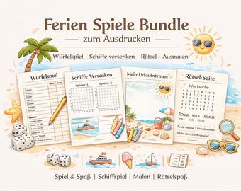 Pacchetto di giochi per le vacanze da stampare: gioco di dadi, battaglia navale, pagine da colorare, puzzle per bambini e famiglie. Bonus: pagine da colorare per bambini.