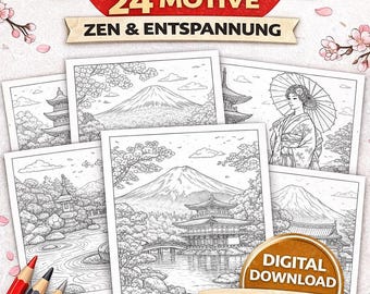 Nuove pagine da colorare in edizione giapponese | 24 disegni | Libro da colorare Zen e templi per adulti | Fuji, Geisha, Giardino | Pagine da colorare stampabili