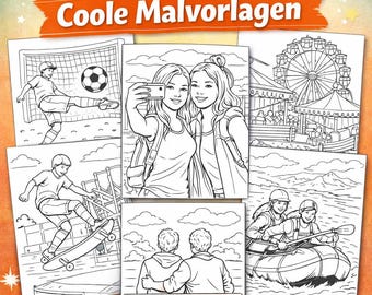 Disegni da colorare per ragazzi e ragazze in PDF – 23 fantastici disegni da colorare per adolescenti – Amici, Luna Park, Sport – Download immediato