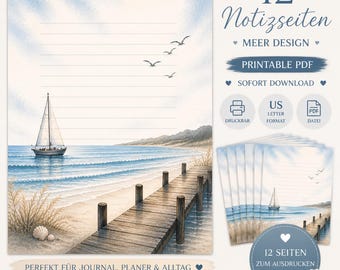 12 pagine per appunti con design marino – PDF stampabile – Formato US Letter – Pagine per diario da stampare – Download immediato