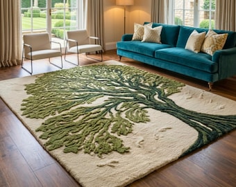 Green Tree Hand Tufted Wool Rug, Kids Nursery & Playroom Area Rug, Woodland Nature Montessori Carpet, 3D Textured Floor Rug