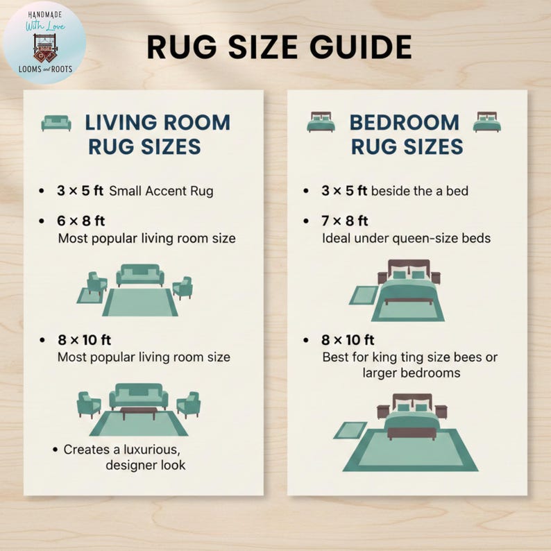 Rug size guide chart showing recommended placement for living room and bedroom rugs