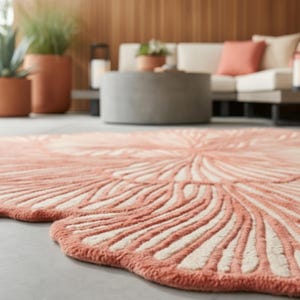 May include: A coral and cream-coloured rug with a floral pattern. The rug has a soft, textured appearance and is placed on a grey surface. The design features curved lines radiating from a central point, creating a flower-like shape.
