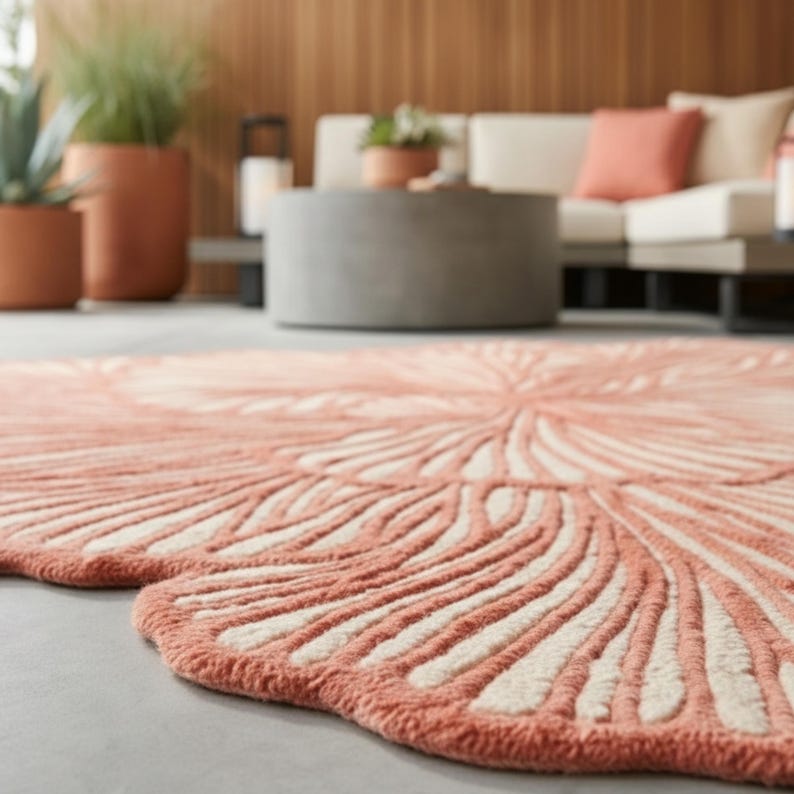 May include: A coral and cream-coloured rug with a floral pattern. The rug has a soft, textured appearance and is placed on a grey surface. The design features curved lines radiating from a central point, creating a flower-like shape.
