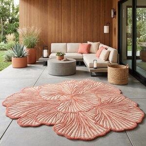Modern interior styled with an irregular coral pink abstract rug and neutral decor