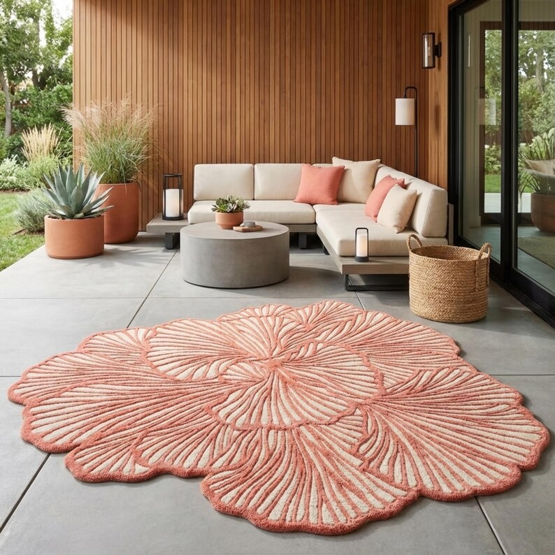 Modern interior styled with an irregular coral pink abstract rug and neutral decor