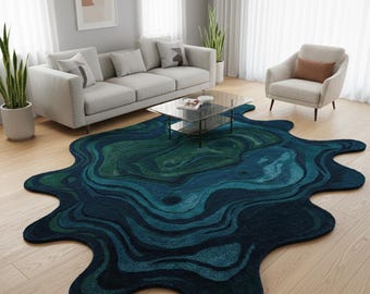 Hand-Tufted Wool Area Rug, Irregular Amoeba Shape, Deep Blue Green