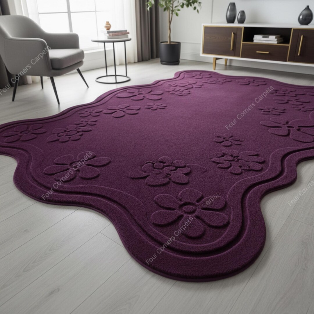 Hand Tufted Wool Rug: Embossed Floral, Irregular Purple Carpet - Etsy