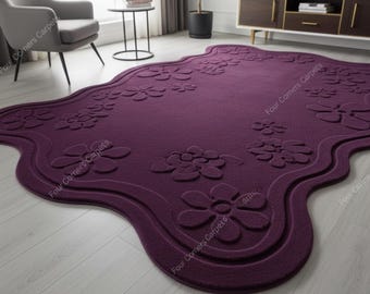 Hand Tufted Wool Rug: Embossed Floral, Irregular Purple Carpet