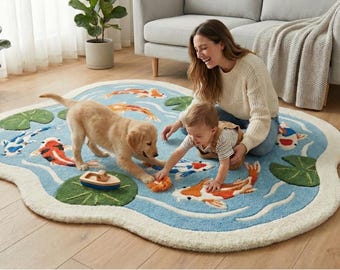 Koi Fish Pond Rug – Hand Tufted Wool Irregular Shape Area Rug, Japanese Koi Carpet, Lily Pad Rug, Japandi Decor Rug, Kids Room Rug
