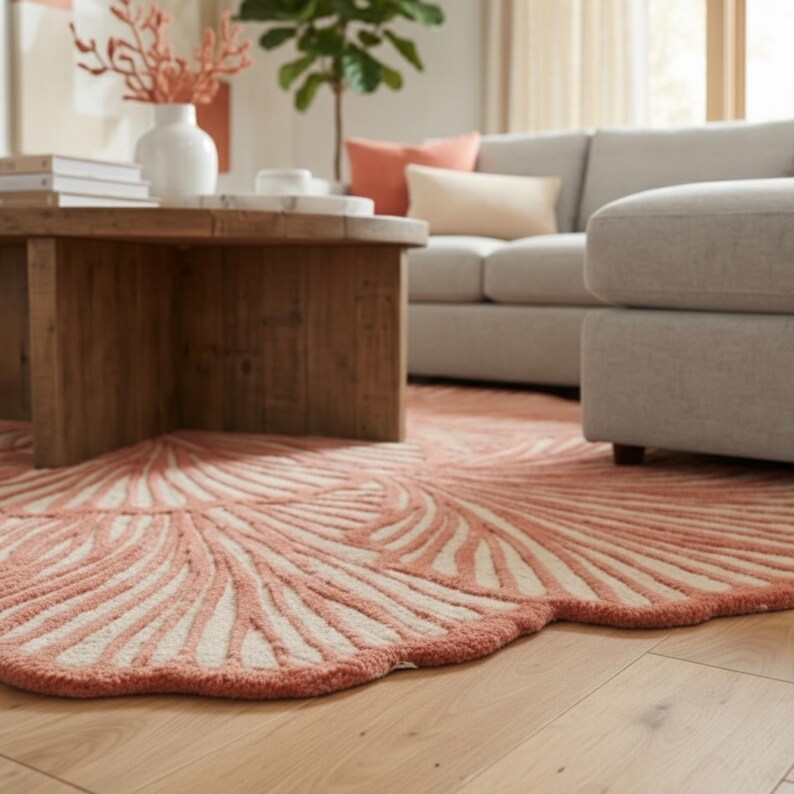 May include: A coral and cream-coloured area rug with a leaf-like design. The rug is placed in a living room setting with a wooden coffee table, a grey sofa, and decorative cushions. The rug's pattern resembles a stylized botanical form.