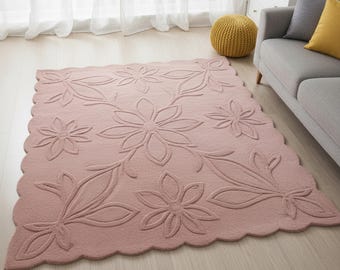 Pink Floral Area Rug, Hand Tufted Wool Rug with Embossed Design, Modern Bedroom Living Room Carpet
