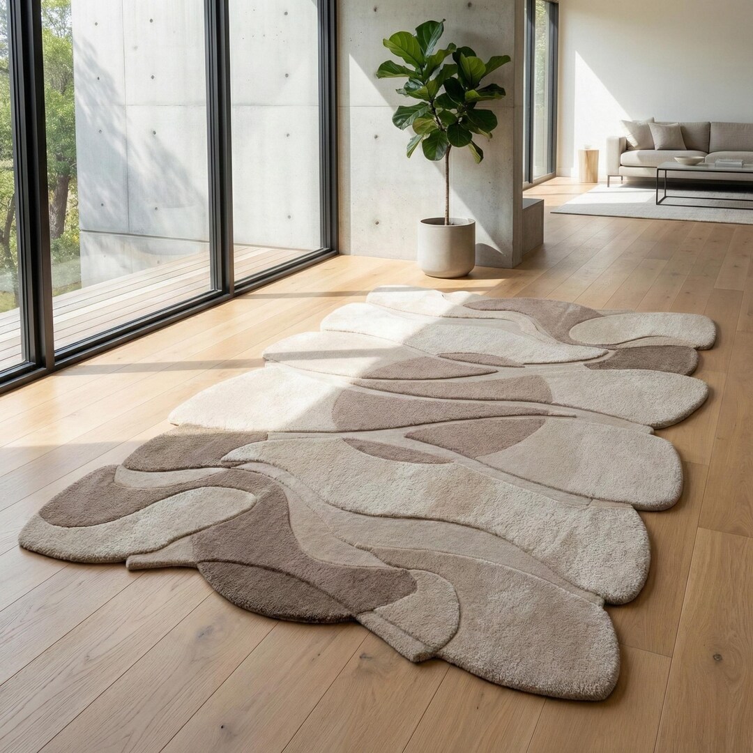 Hand Tufted New Zealand Wool Rug Irregular Abstract Neutral Beige Area ...