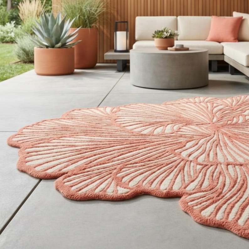 May include: A coral-coloured, floral-patterned rug with a scalloped edge. The rug is placed on a grey patio, with outdoor furniture and potted plants in the background. The rug's design features a repeating, stylized leaf pattern.
