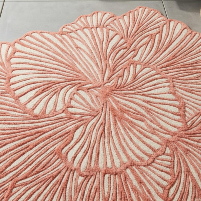 May include: A round rug with a floral design. The rug has a cream-coloured background with a raised, coral-coloured pattern. The pattern resembles a stylized flower with radiating lines and a scalloped edge.
