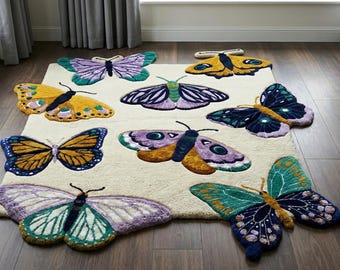 Hand-Tufted Butterfly Statement Rug  Large 3D Textured Area Rug for Maximalist Living Room Colorful Butterfly Carpet for Home Decor