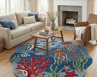 Kids Ocean Rug, Nursery Rug, Underwater Sea Animals Playroom Rug, Jellyfish Fish Kids Carpet, Marine Life Nursery Decor, Ocean Theme Rug