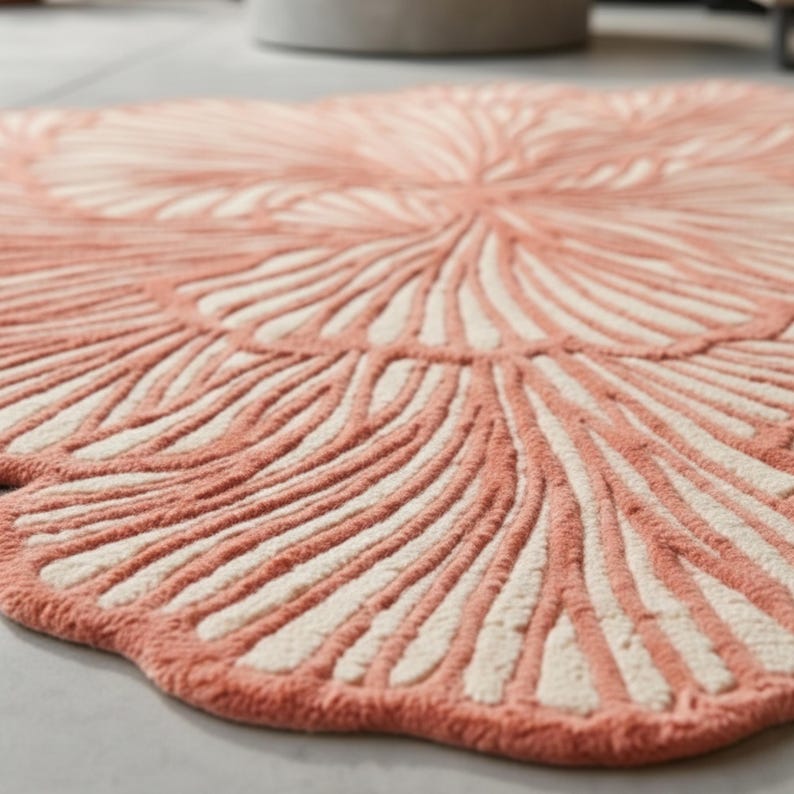 Irregular shaped coral pink abstract rug with textured organic pattern on a wood floor