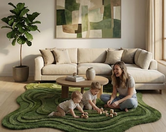 Green Topographic Area Rug, 3D Textured Wool Rug, Handmade Moss Terrain Carpet, Modern Organic Sculpted Rug for Living Room