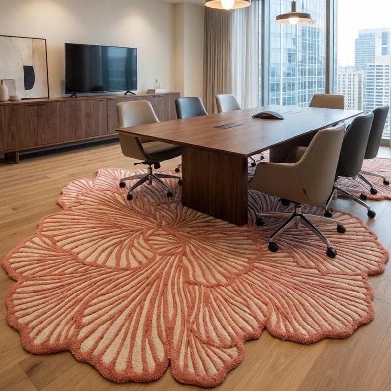 May include: A coral and cream floral rug dominates a conference room. The rug's design is a large, stylized flower. The room also features a wooden table, chairs, and a cityscape visible through a large window.
