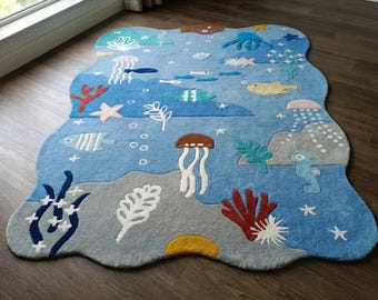 Hand Tufted New Zealand Wool Rug, Ocean Nursery, Wavy Design