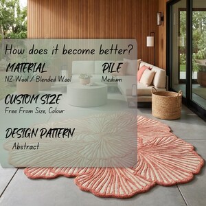 Abstract blue rug with material, custom size, and design pattern information overlay