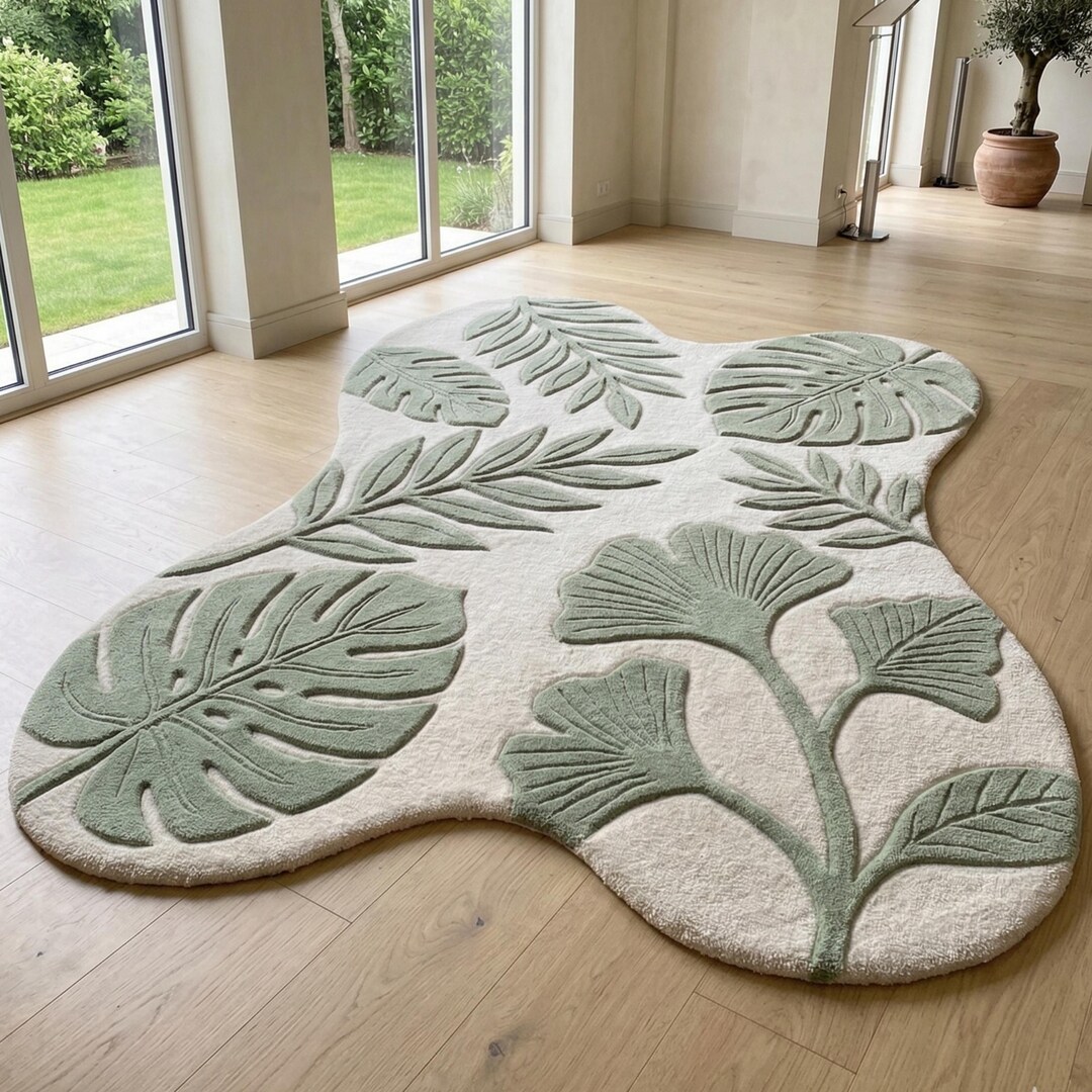 Botanical Leaf Rug Hand Tufted Wool Rug, Sage Green Irregular Area Rug ...