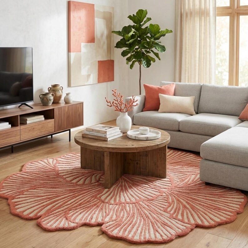 May include: A living room scene with a coral-coloured rug featuring a fan design. A wooden coffee table and grey sofa are present. Decorative vases and a large painting are also visible in the room.