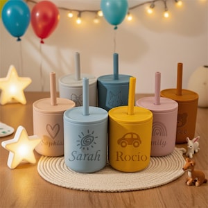 Personalized Sippy Cup with Straw, Custom Toddler Training Cup, Silicone Baby Cup, Cup Name Labels Engrave, Customized 1st Birthday Gift