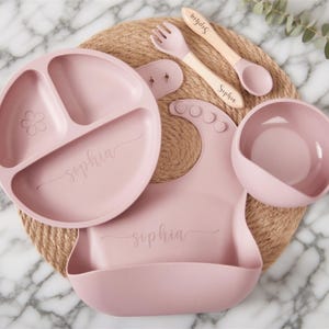 Personalised Silicone Weaning Set, Feeding Set with Name, Custom Baby Plate, Cartoon Weaning Set for Toddler Baby Kids, Baby Shower Gift