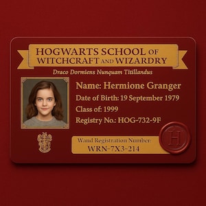 Tarjeta de identificación personalizada de Hogwarts / Regalo de Navidad / Tarjeta de estudiante de escuela mágica / Accesorio de cosplay de mago / Regalo de bruja / Foto y nombre personalizados