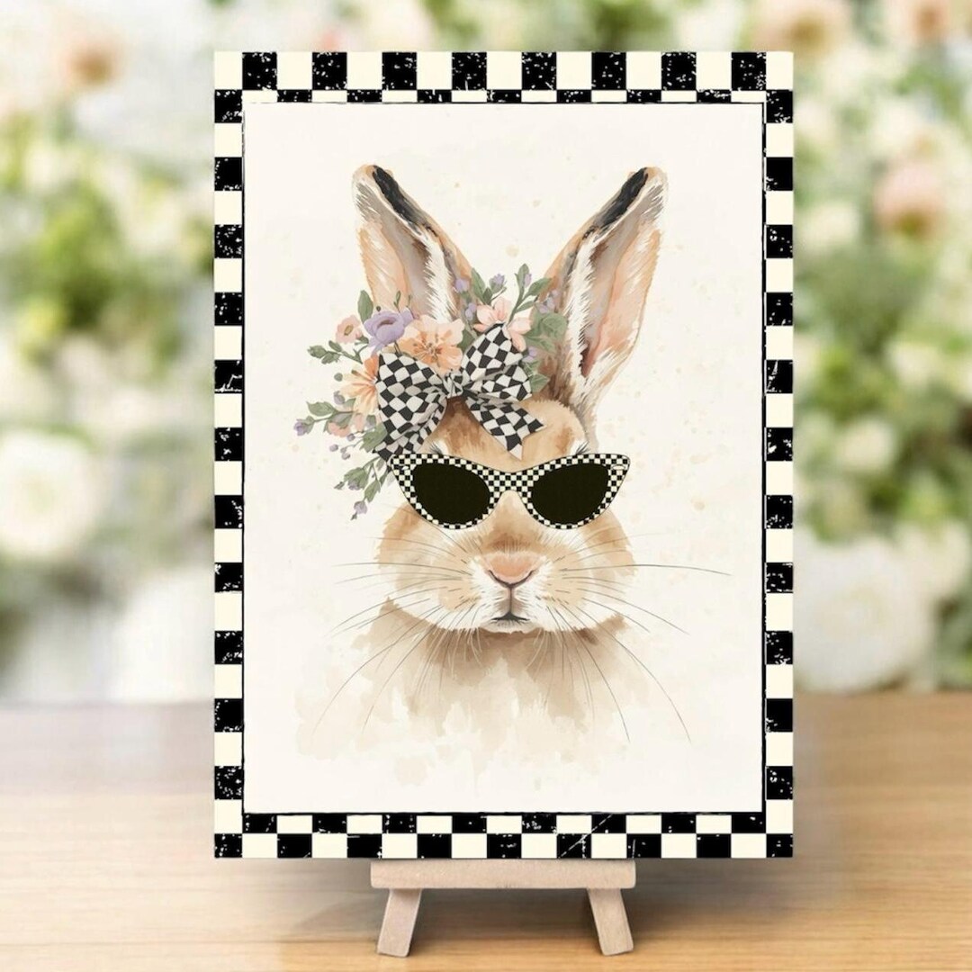 Mrs. Spring Bunny With Glasses Canvas With Easel, Whimsical Black and ...