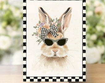 Mrs. Spring Bunny with Glasses Canvas with Easel, Whimsical black and white check