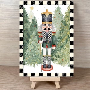 Green Christmas Nutcracker Picture on Flat Canvas with Easel, Whimsical black and white check