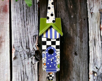 Hand Painted Whimsical Check Hanging Bird House with Finial, Wood, Feeder, Garden Decor