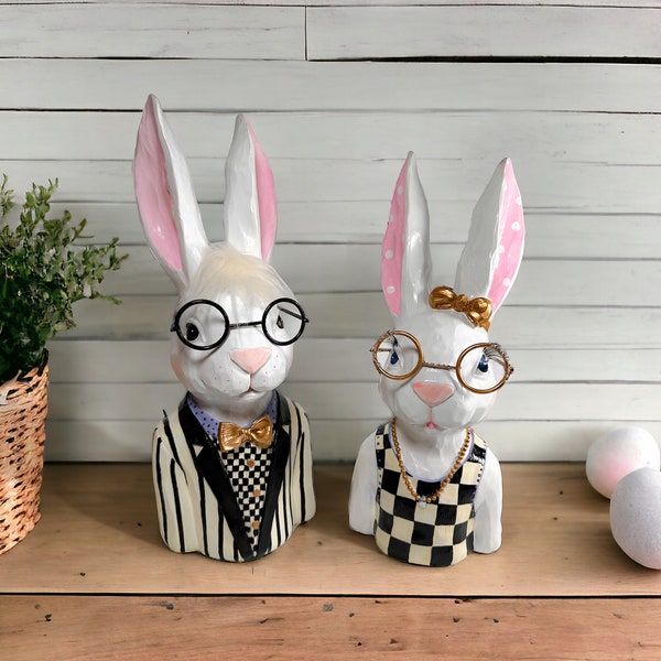 Choose Mr. or Mrs. Bunny Rabbit head figurine, black and white check, hand painted, whimsical