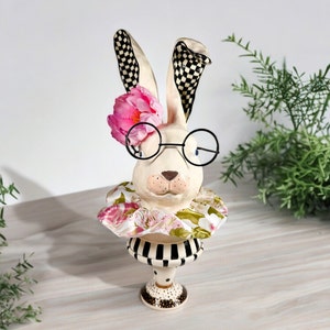 Bunny Rabbit head, black and white check, hand painted, whimsical figurine