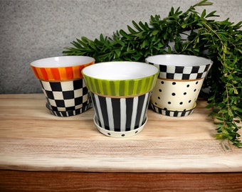 Choice of Whimsical Hand Painted Flower Pots Planters, Black and White Check Container, Decor, Decoration