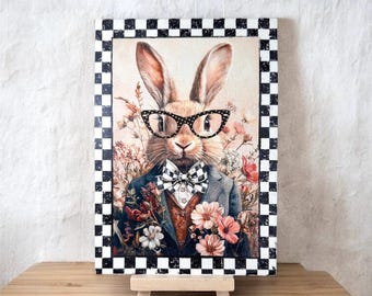 Sophisticated Bunny with Glasses Canvas with Easel, Whimsical black and white check