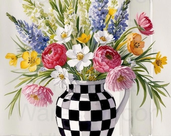 Jarrón digital a cuadros en blanco y negro con flores. Descarga el archivo JPEG. Imagen imprimible para Photoshop.