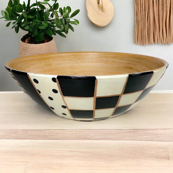 Hand Painted Wooden Serving Bowl, Black and White Checks Stripes Polka Dots Whimsical