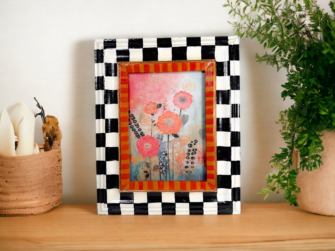 Hand Painted 8x10 Wooden Black and White Check Picture Frame, Whimsical ...