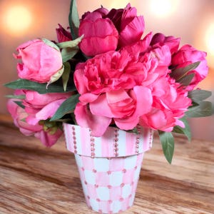 Hand Painted Whimsical Pink and White Checks Planter Flower Pot, Container, Decor, Decoration